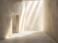 sunbeams in a white room, strong light, sharp shadows, minimalist architecture, bright atmosphere