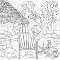 Sunbed by the sea near the bungalows and palm trees. Landscape.Coloring book antistress for children and adults.