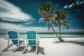 Sunbeds on the beach. Blue sea and white sand. Generative Ai Royalty Free Stock Photo