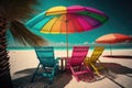 Sunbeds on the beach. Blue sea and white sand. Generative Ai Royalty Free Stock Photo