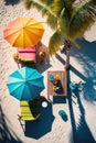 Sunbeds on the beach. Blue sea and white sand. Generative Ai Royalty Free Stock Photo