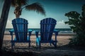 Sunbeds on the beach. Blue sea and white sand. Generative Ai Royalty Free Stock Photo