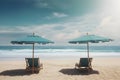 Sunbeds and beach umbrellas on a sandy beach, copy space, Generative AI