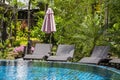 Sunbeds next to the pool in the tropical garden, Thailand Royalty Free Stock Photo