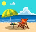 Sunbeds for relaxing on a sunny beach under an umbrella. Illustration in flat style.