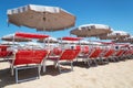 Sunbeds in Rimini and Riccione and Cattolica Beach, Italy Royalty Free Stock Photo