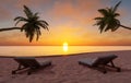 Sunbeds on sandy seashore under scenic sundown sky