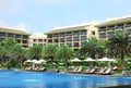 Sunbeds in tropical resort hotel