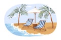 Sunbeds and umbrella at sand beach. Summer tropical premium resort with private chaise-longues at seacoast. Empty