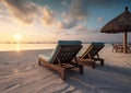 Sunbeds with umbrella to watch sunset on tropical luxury resort.Macro.AI Generative