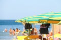 Sunbeds and umbrellas on the beach in Bellaria Igea Marina, Rimini, Italy