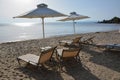 Sunbeds and umbrellas on a sandy beach, Halkidiki, Greece