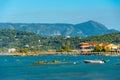 Sunbeds and umbrellas at Sidari beach at Corfu, Greece Royalty Free Stock Photo