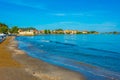 Sunbeds and umbrellas at Sidari beach at Corfu, Greece Royalty Free Stock Photo