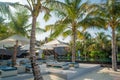 Sunbeds under palm trees at beautiful beach at the tropical resort island Royalty Free Stock Photo