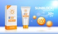Sunblock ad template. Sun protection cosmetic. Moisturizer cream vector design background