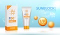 Sunblock ad template. Sun protection cosmetic. Moisturizer cream vector design background