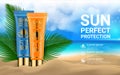 Sunblock Cosmetic 3D Realistic Packaging Mockup Design Template. Beach Exotic Palm Leaves. Sun Cosmetics Protection