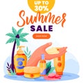 Sunblock cosmetic sale banner, poster design. Vector illustration of sunscreen packaging on palm beach background