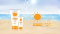 Sunblock product design mockup on beach background, cosmetic advertisement design, vector