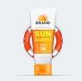 Sunblock tube lotion cream. Sunscreen  mousturizing cream package vector Royalty Free Stock Photo