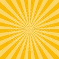 Sunburst background. Yellow rays with halftone effect. Shine sun retro style. Sunset party design. Graphic frame with radial lines