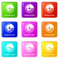 Sunburst chart icons set 9 color collection