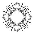 Sunburst doodle line art. Hand drawn water splash, round banner with circle explosion. Retro sketch radial rays, black