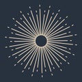 Sunburst firework explosion, bursting or light rays, linear drawing. Vector trendy hand drawn retro isolated design