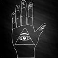 Sunburst, hand, ornaments. Illuminati symbols on chalkboard Royalty Free Stock Photo