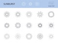 Sunburst icons. Vector symbols sun with rays. Editable stroke. Circular logo with radial lines. Sunrise, starburst abstract design