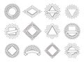 Sunburst labels. Retro sun rays logos. Vintage heraldic sunrise emblem with lines frame. Sun burst vector logo set Royalty Free Stock Photo