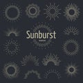 Sunburst set. Starburst burst rays spark sunrise firework sunbeam burst border hand drawn line radial vintage banner Royalty Free Stock Photo