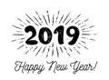 Sunbursts 2019. Congratulation with Happy New Year. Vector illustration Royalty Free Stock Photo