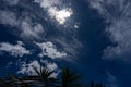 Sunburts through clouds in blue sky above green palm fronds for nature background Royalty Free Stock Photo