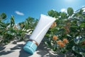 Suncare tube placed beside thriving plant, eco friendly sunblock solution