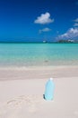 Suncare written on tropical white sand and Royalty Free Stock Photo