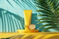 Suncream sun lotion packaging mockup tube on a bright sunny background with tropical palmtree leaf