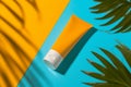 Suncream sun lotion packaging mockup tube on a bright sunny background with tropical palmtree leaf