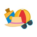 Suncreen, summer hat, beach ball and sunglasses