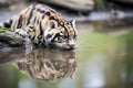 sunda clouded leopard drinking water from stream