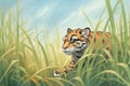 sunda clouded leopard stealthily walking in tall grass