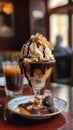 Sundae Delicious vanilla and chocolate ice cream sundae with chocolate sauce Royalty Free Stock Photo