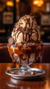 Sundae Delicious vanilla and chocolate ice cream sundae with chocolate sauce Royalty Free Stock Photo