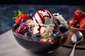 Sundae Delight: A Delicious Mix of Ice Cream, Chocolate Syrup, and Fresh Berries Royalty Free Stock Photo