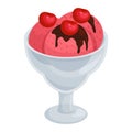 Sundae with pink ice cream, chocolate syrup, cherries in glass bowl. Delicious dessert, sweet treat vector illustration