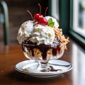 a sundae with whipped cream and cherries in a glass bowl Royalty Free Stock Photo