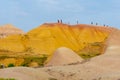 Climbing the yellow Mounds, Badlands National Park. Royalty Free Stock Photo