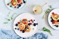 Sunday breakfast with cheesecake, honey, fresh berries and mint. Cottage cheese pancakes Royalty Free Stock Photo