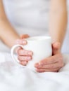 sunday coffee good morning woman hands cup bed